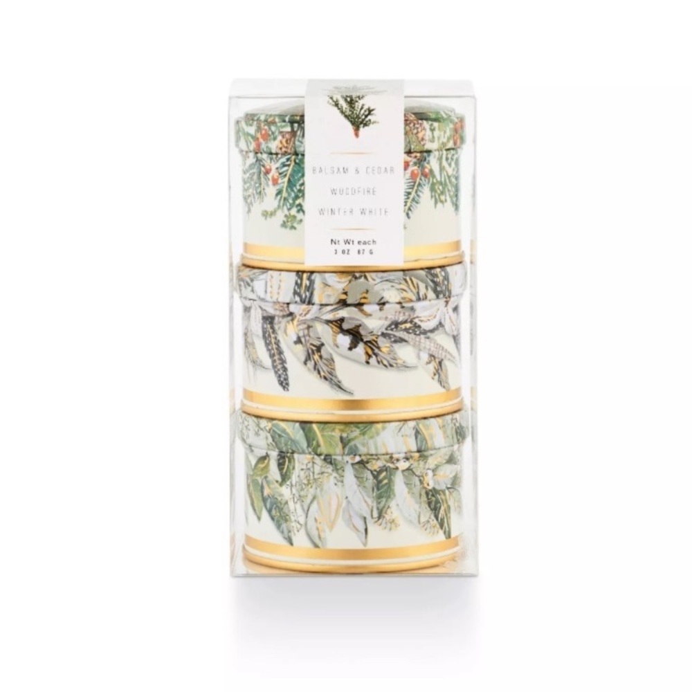Illume NOBLE HOLIDAY 3PK TIN CANDLE SET Balsam & Cedar Woodfire Winter White